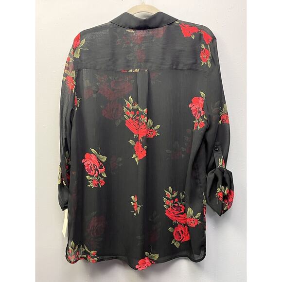 JM Collection Women's Shirt Size 14 Button Front Sheer Floral Black Red NEW - Picture 2 of 6